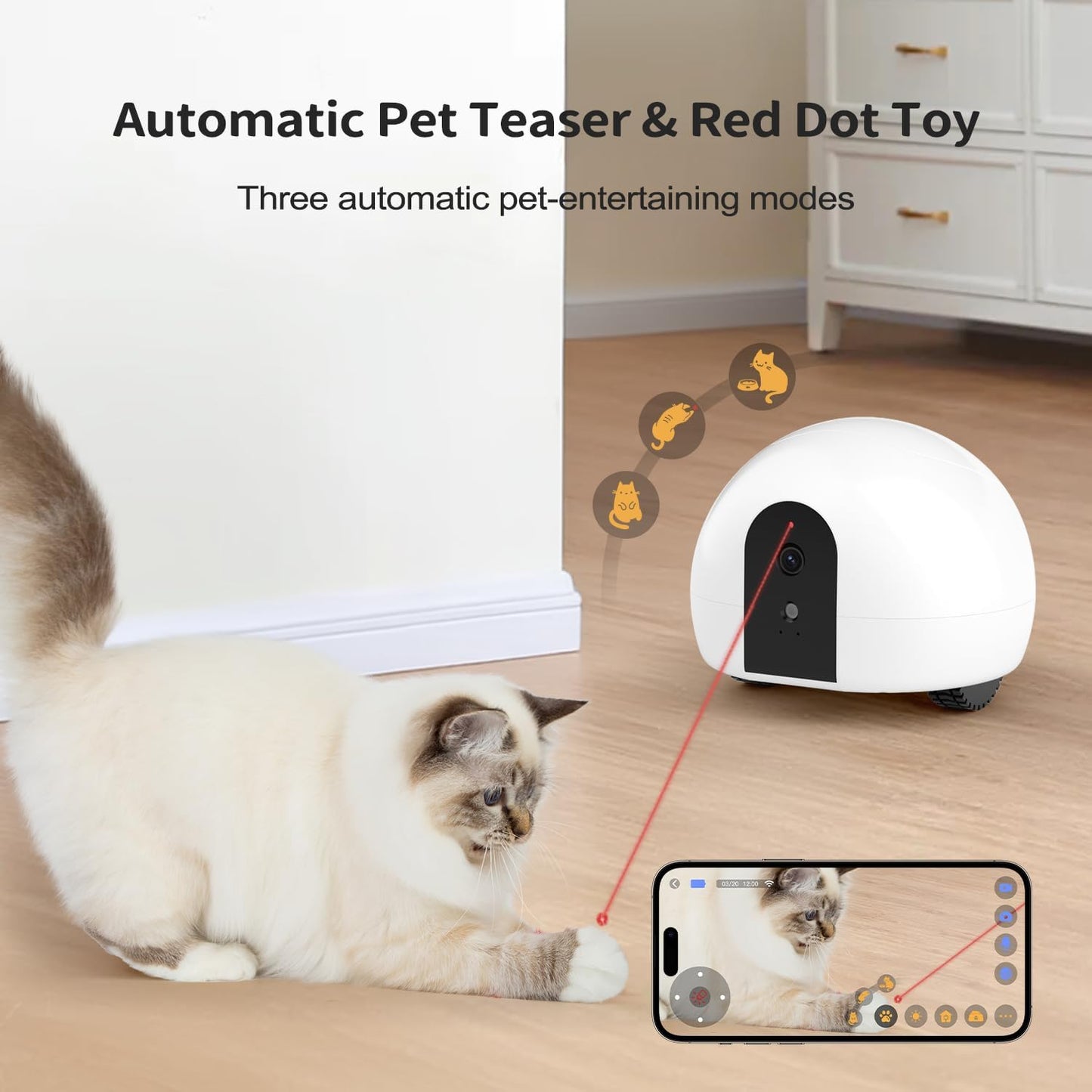 Cat Camera Robot with Laser & Treat Dispenser, Moving Pet Camera Robot for Dogs and Cats, Phone App Control, Auto Recharging, Night Vision, Two-Way Audio, Interactive LED Cat Toy, 2.4G Wifi