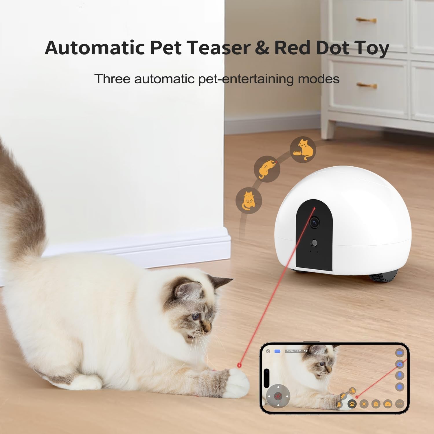Cat Camera Robot with Laser & Treat Dispenser, Moving Pet Camera Robot for Dogs and Cats, Phone App Control, Auto Recharging, Night Vision, Two-Way Audio, Interactive LED Cat Toy, 2.4G Wifi