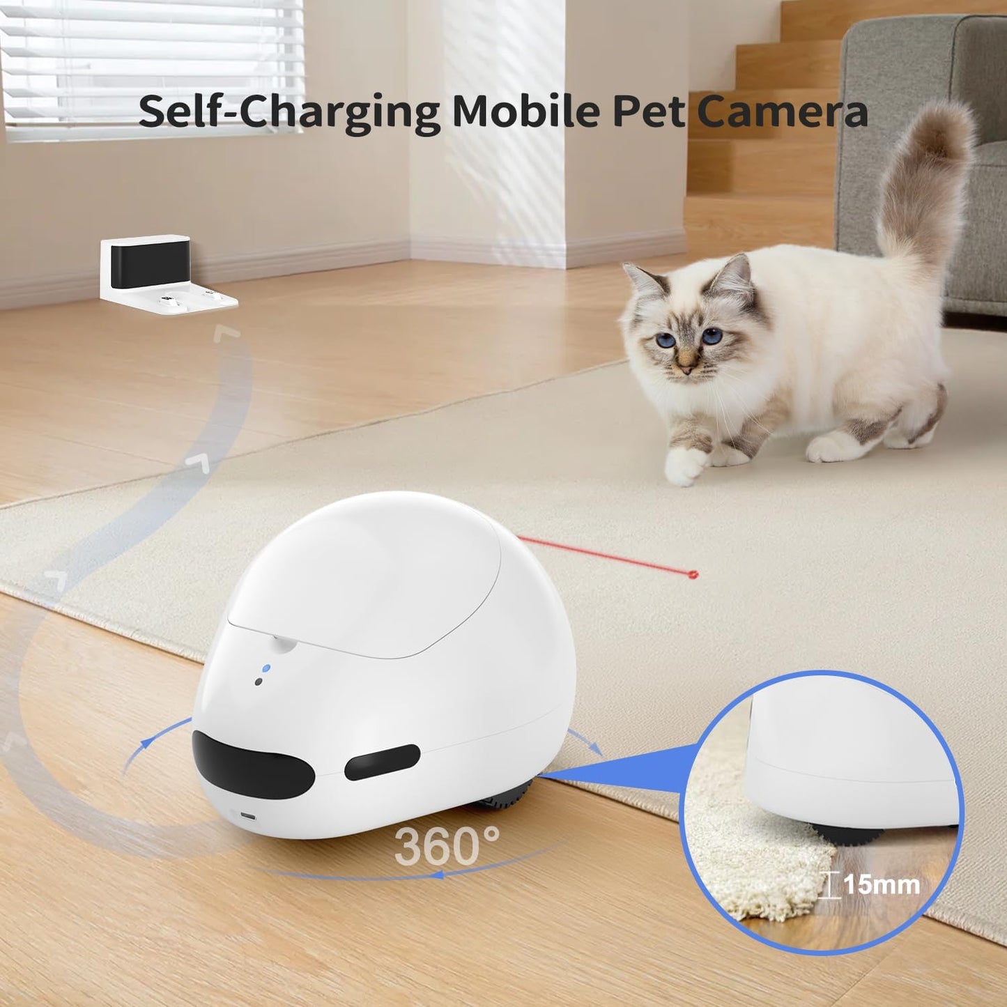 Cat Camera Robot with Laser & Treat Dispenser, Moving Pet Camera Robot for Dogs and Cats, Phone App Control, Auto Recharging, Night Vision, Two-Way Audio, Interactive LED Cat Toy, 2.4G Wifi